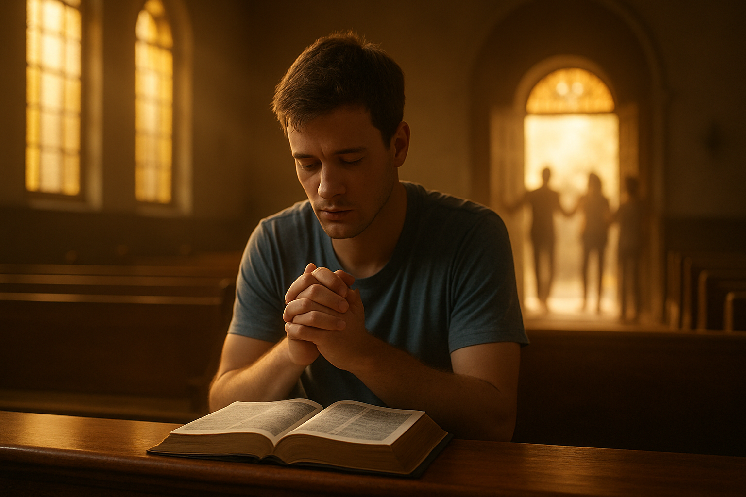 Pessoa aprende como começar na fé cristã diante da Bíblia, em oração, numa igreja acolhedora