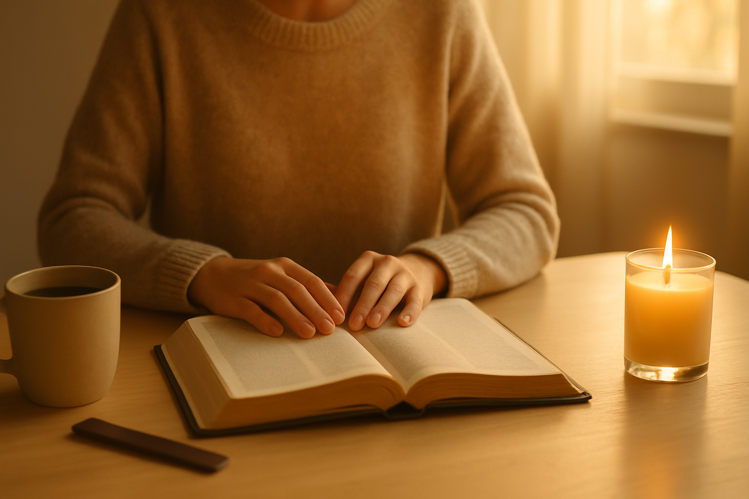 Cena acolhedora sobre como ler a bíblia, com livro aberto, café, vela e pessoa em reflexão.