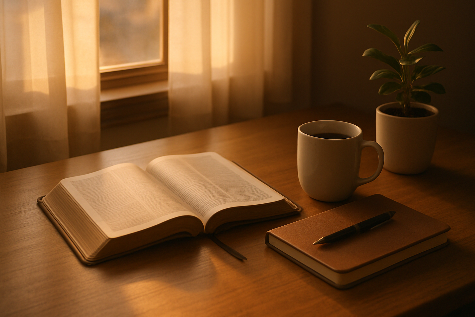 Mesa com Bíblia aberta, café e diário ao amanhecer para mostrar como fazer devocional